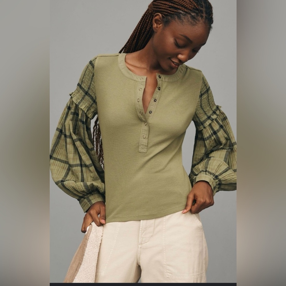 Olive Plaid Sleeve Women's Top